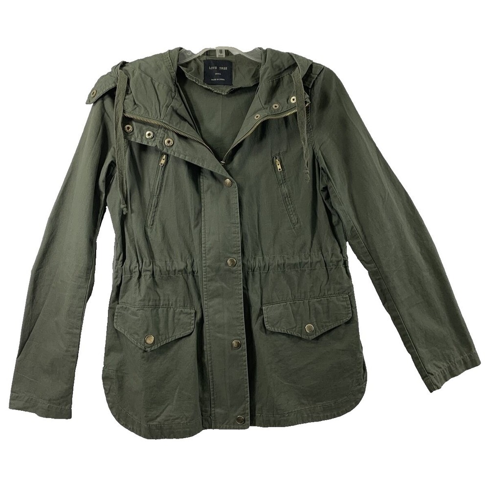 Love Tree Utility‎ Jacket Women Small Military Green Hooded Cotton Field Coat